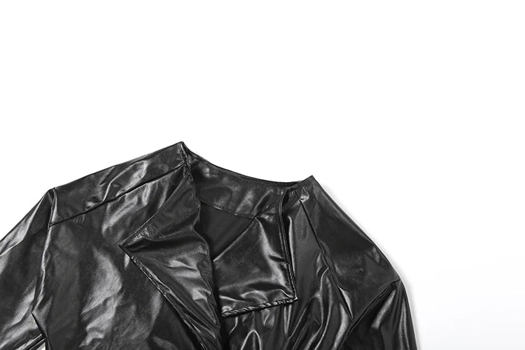 Sisterlinda Faux Leather Single Button Crop Jacket Women Autumn Trend Cross Neck Full Sleeve Wild Style Classic Streetwear Coat