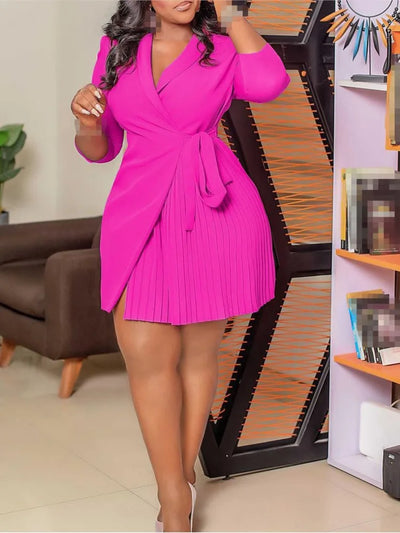 Women  Solid Plus Size Folds Dress Neck Pleated Blazer Style Dress Office Vintage Sexy Lady Belt Party Tight Curvy Short Dress
