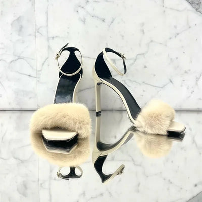 2025 Early Spring New Mink Hair High Heels One-word Sandals Square Head Stiletto Women's Shoes