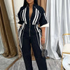 Beyprern Bragging Rights Jumpsuit For Women Runway Short Sleeve Zipper Front Striped Jumpsuit Fitted Romper Club Overalls Outfit