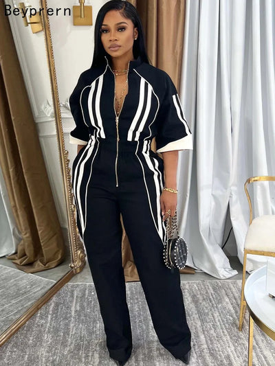 Beyprern Bragging Rights Jumpsuit For Women Runway Short Sleeve Zipper Front Striped Jumpsuit Fitted Romper Club Overalls Outfit