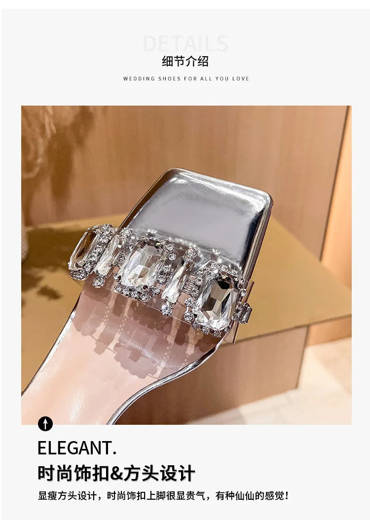 Summer One-word Rhinestone Square Head Sandals Women's Stiletto Open-toed Crystal Gemstone High Heels