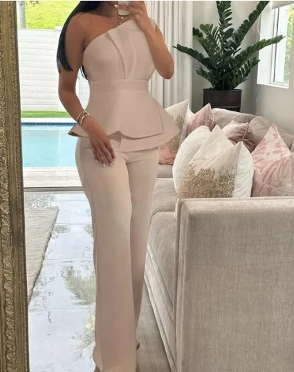 2 Piece Sets Women Outfit Sexy One Shoulder Ruched Top & Casual Straight Leg Pants Suits for Female Spring 2024 Fashion New