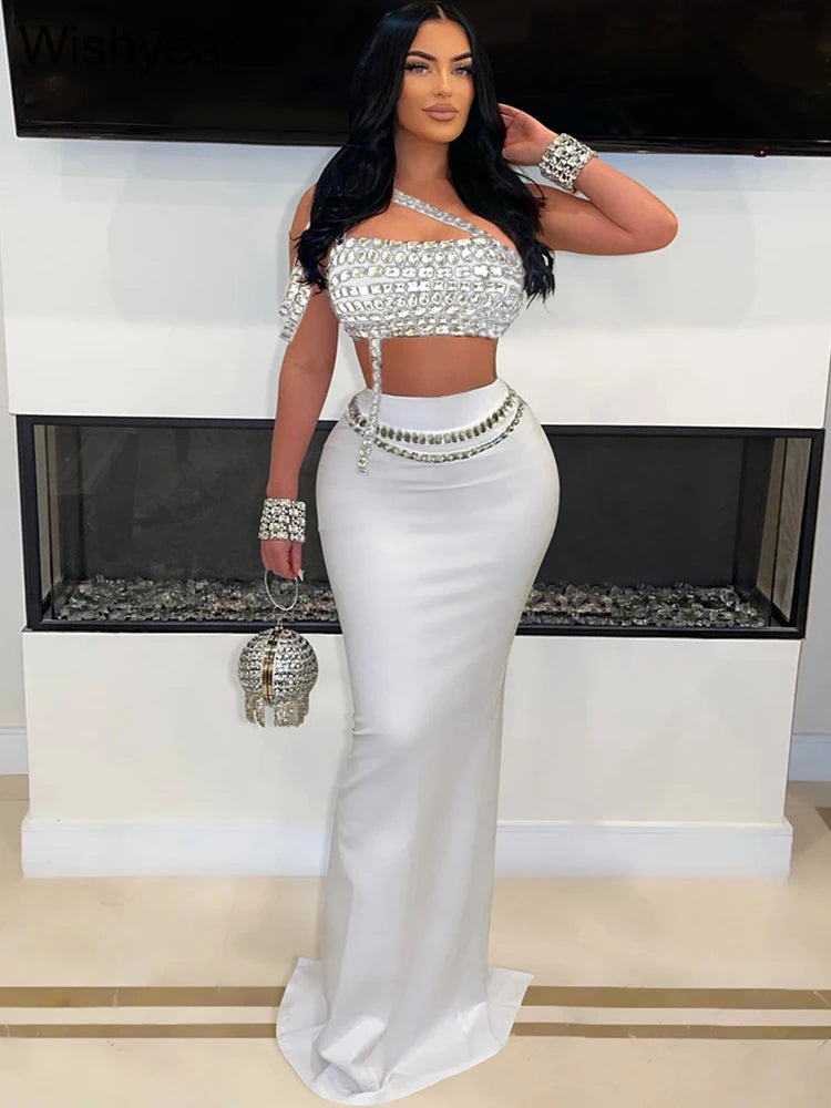Luxury Celebrities Evening Club Outfit for Women Sexy Black Single Shoulder Diamonds Long Skirts and Crop Tops Two 2 Pieces Suit