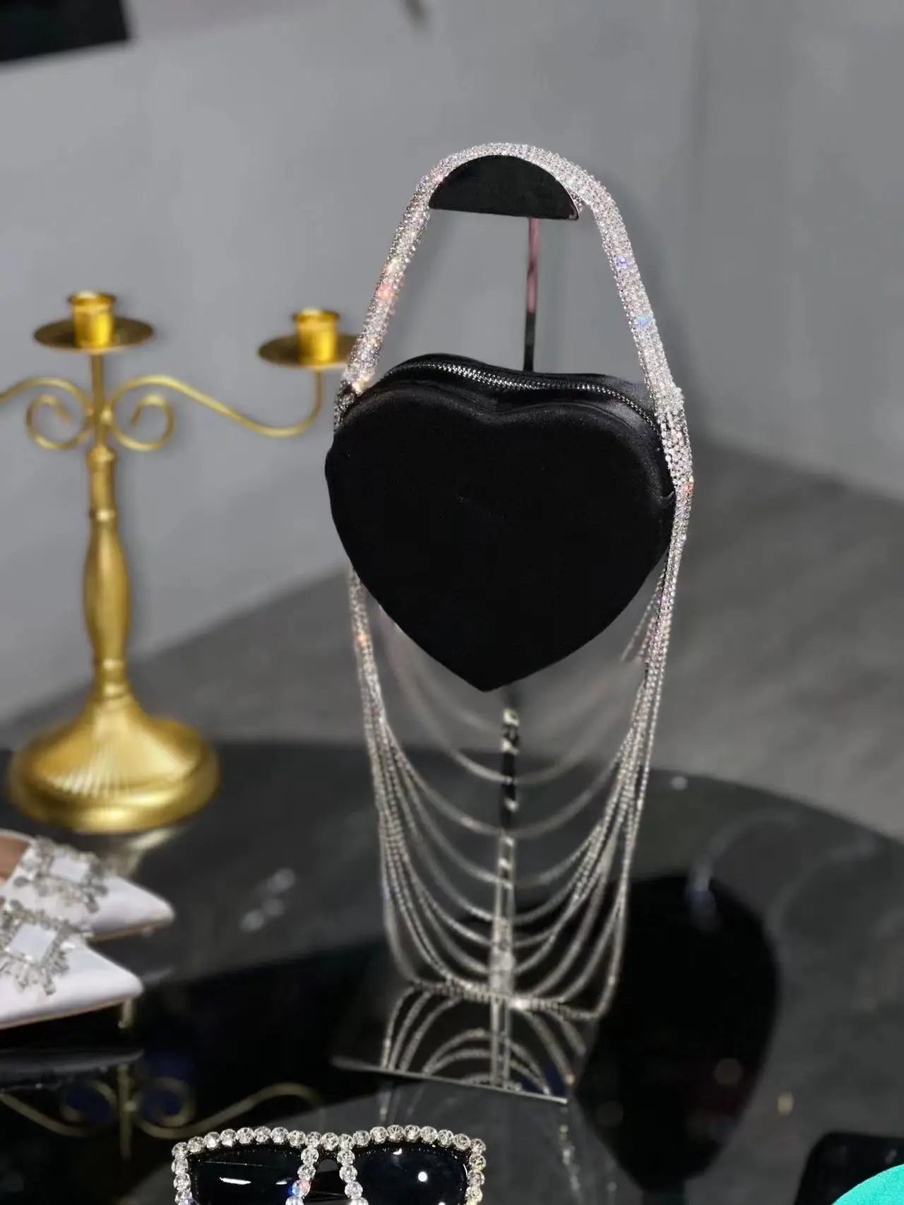 Bling Tassel Heart-shape Satin Bag Glitter Rhinestone Diamond Evening Bag Women Handbag Wedding Party Clutch Purse Crossbody Bag