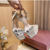 Summer One-word Rhinestone Square Head Sandals Women's Stiletto Open-toed Crystal Gemstone High Heels