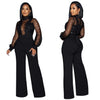 Fashion Women's Clothing Hollow Long-sleeved Loose Wide Leg Jumpsuits Overall Pants Solid Color Sexy Lace