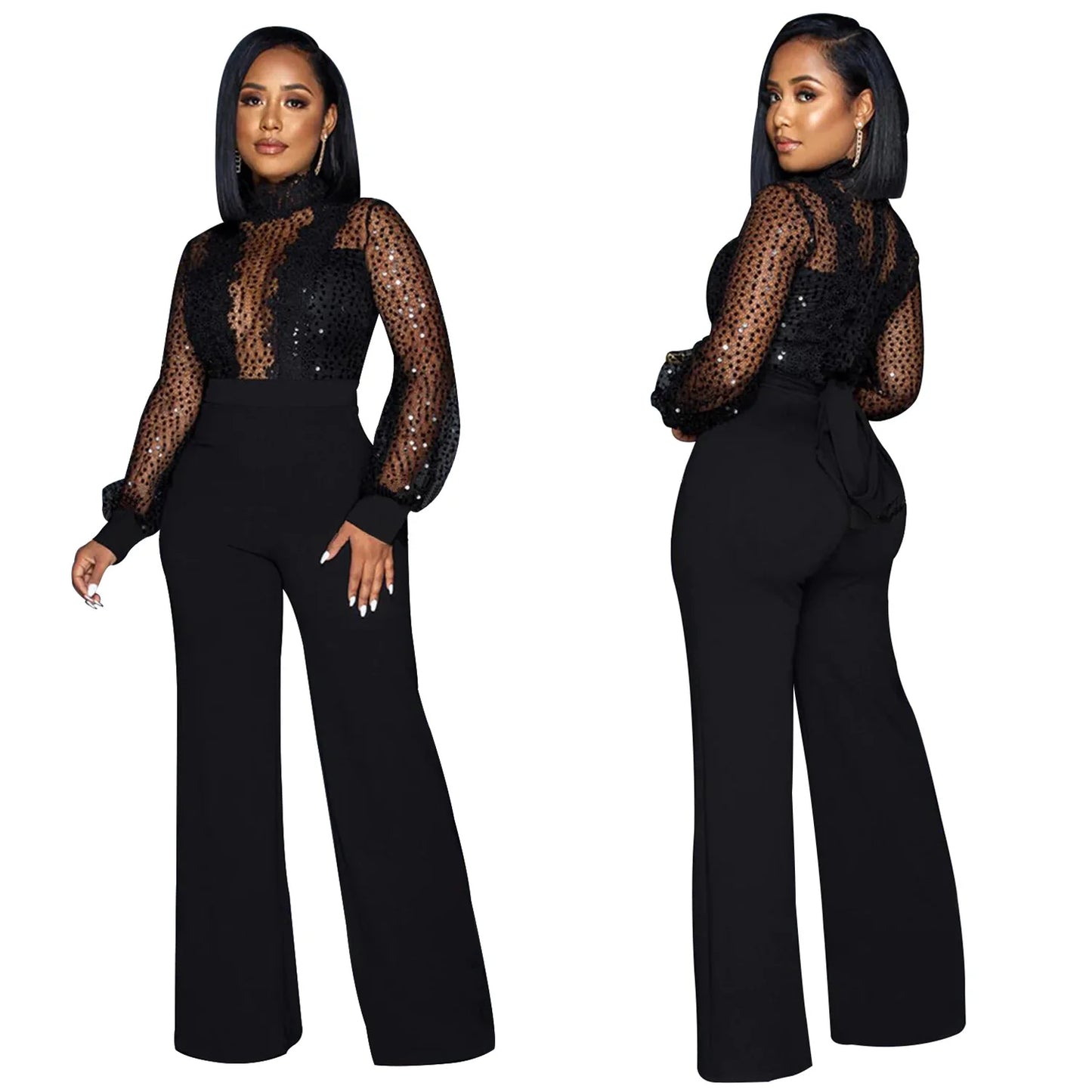 Fashion Women's Clothing Hollow Long-sleeved Loose Wide Leg Jumpsuits Overall Pants Solid Color Sexy Lace