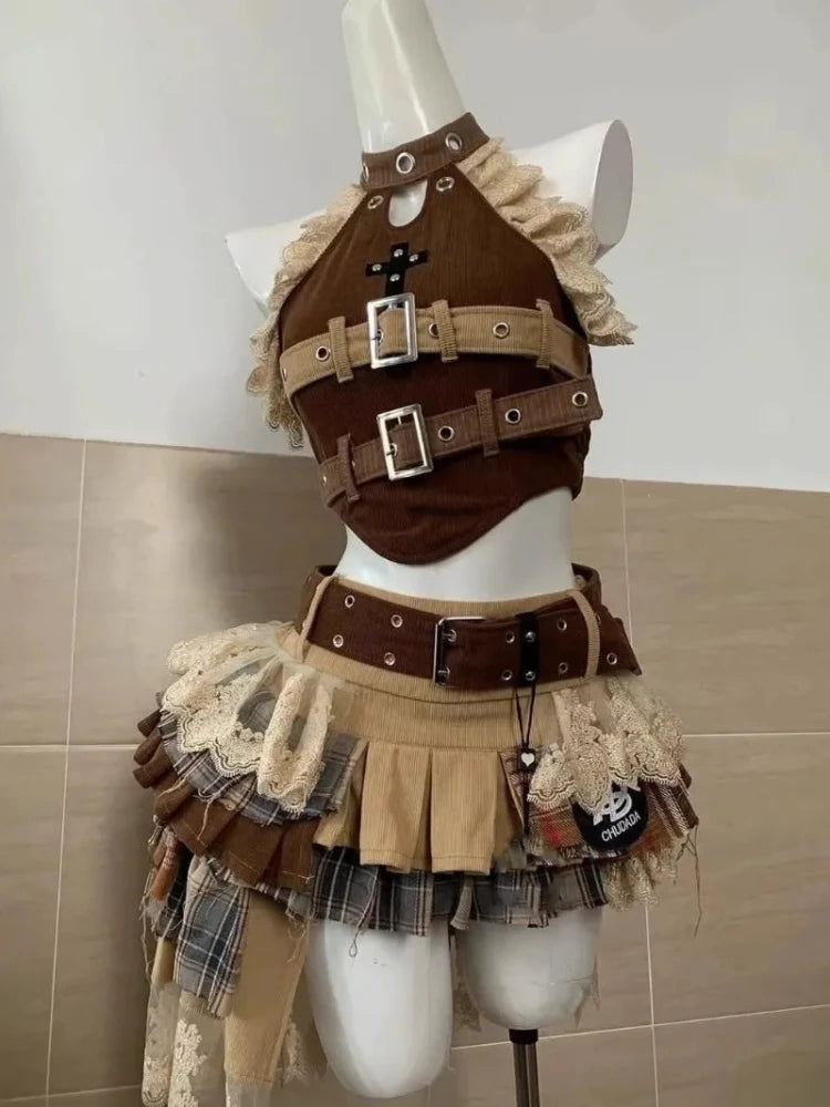 Punk Style Vintage Woman 2 Piece Sets Y2k Design Strapless Crop Tops + High Waist Ruffle Skirt Female Party Korea Style Outfits