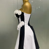 2025New Women Flower Decoration Strapless Black White Stripe Bandage Short Dress Cocktail Party Elegant Evening Club Party Dress