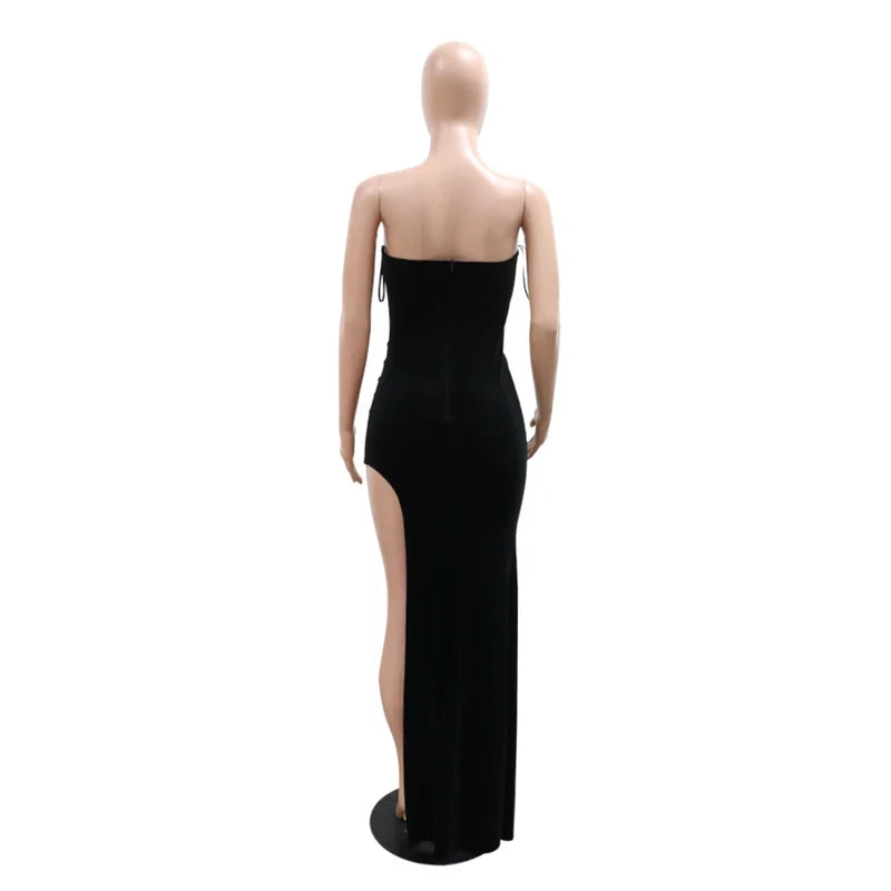 Sleeveless Strapless Bodycon Sexy Irregular Velvet Dress Women High Slit Slim Glam Crystal Rhinestone Long Party Nightclub Dress