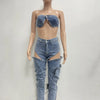 Denim Pants Sets for Women 2024 Sexy Streetwear Two Piece Set Outfits Chest Wrap Sleeveless Backless Top Hollow Out Jeans