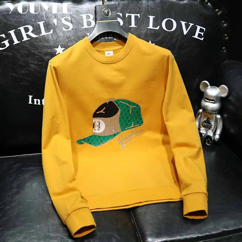 Round Collar Men's Pullover New Male Hoodies Personalized Hat Hot Diamond Print Fashionable Top Youth Bottoming Shirt Clothing
