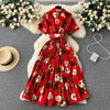 2024 Summer Women Floral Pleated Dress Vintage Turn-Down Collar Short Sleeve Single Breasted Printed Draped Midi Vestidos New