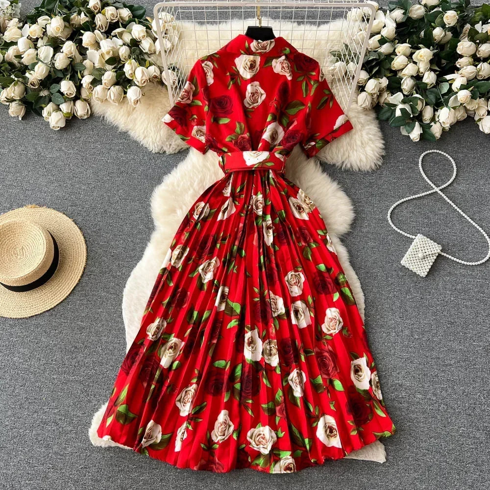 2024 Summer Women Floral Pleated Dress Vintage Turn-Down Collar Short Sleeve Single Breasted Printed Draped Midi Vestidos New