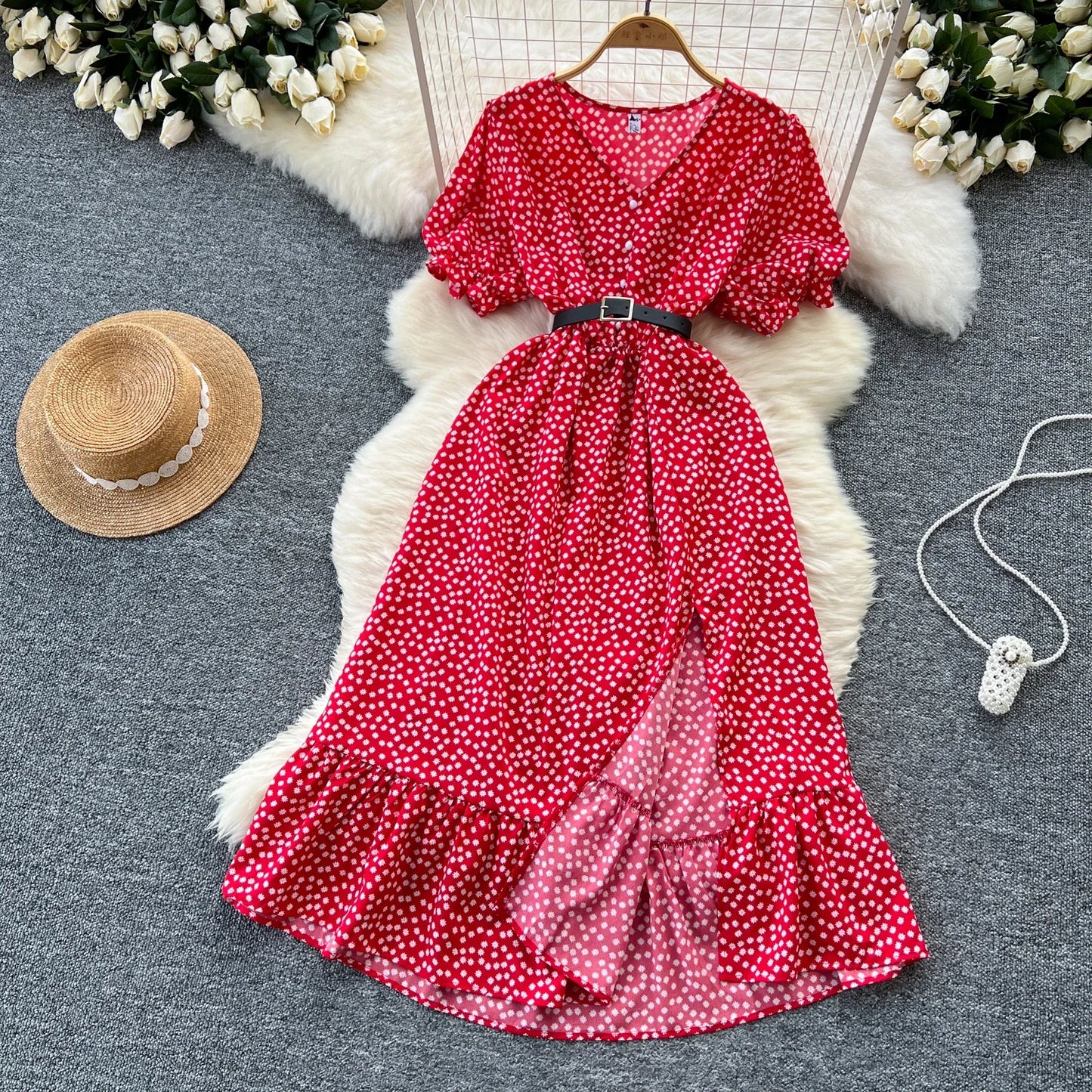 Summer Pleated Women Buttons Dresses Casual Beach Holiday Short Sleeve V Neck Woman Midi Dress Bohemian Mujer Vestidos
