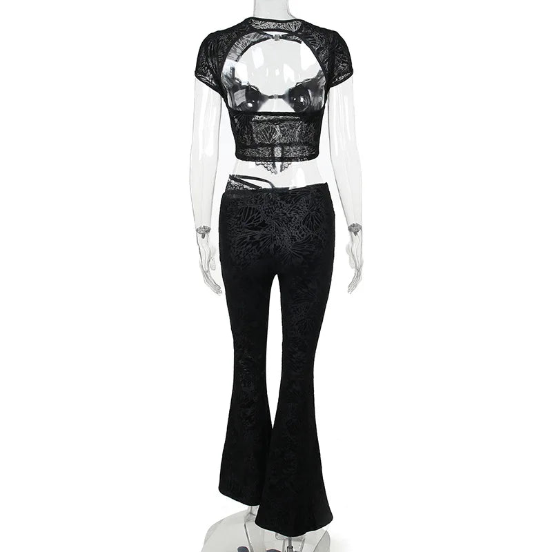 FAGADOER Sexy Lace See Through 2 Piece Sets Woman Outfit Hollow Out Crop Top + Flare Pants Female Y2K Streetwear Summer Spring