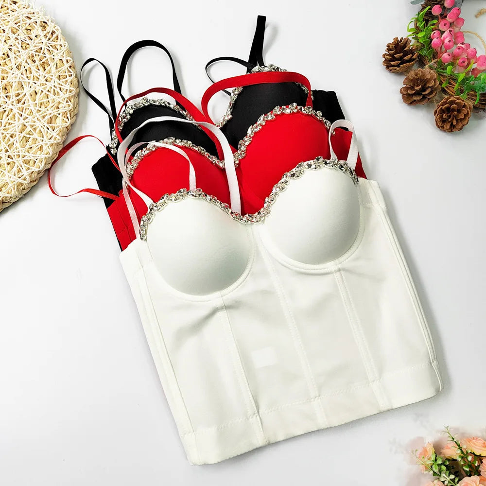 SXTHAENOO Women Sexy Fashion Crop Top Diamond Flower Strapless Vest Bustier Bra Night Club Party Tank Top Female Ropa De Mujer