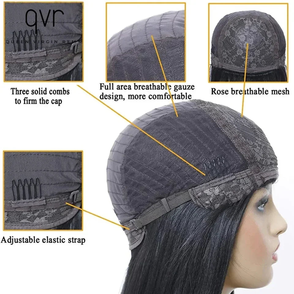 QVR 180 Density Full Machine Wig Highlight Brown Colored Bone Straight Human Hair Bob Wigs QVR Human Hair With Bangs For Women