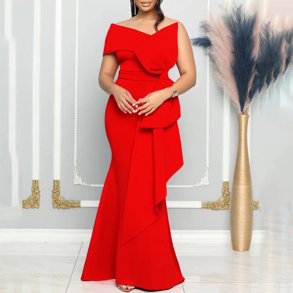 Elegant Dresses for Women One Shoulder Sleeveless Ruffles Mermaid Floor Length Luxury Birthday Party Dinner Vestidos Mujer Dress