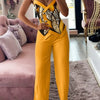 Spring Summer Sleeveless Suit Fashion Print Two Piece Sets Women Sexy V-neck Button Metal Sling Top & Wide Leg Pants Outfits