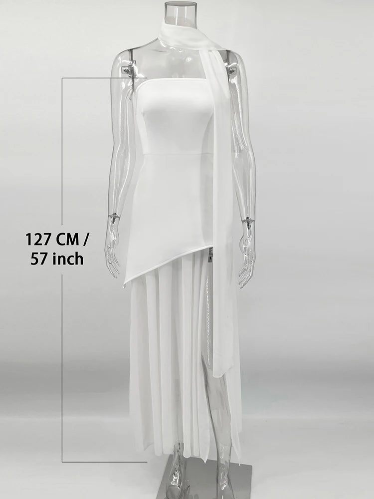 TARUXY Fashion Strapless Dress With Ribbon Female Elegant Sleeveless Mesh Beach Vacation Long Dress 2025 Spring New Women Dress