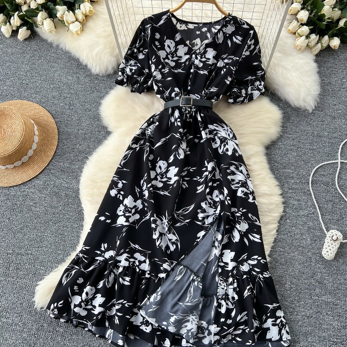 Summer Pleated Women Buttons Dresses Casual Beach Holiday Short Sleeve V Neck Woman Midi Dress Bohemian Mujer Vestidos