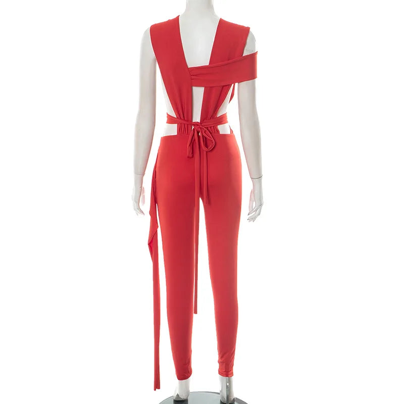 Joskaa Sexy Hollow Bandage Irregular Jumpsuit Women Summer Sleeveless Backless Ribbon Skinny Rompers 2025 Midnight Clubwear