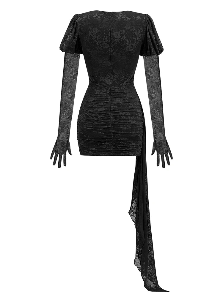 New Sexy Gloves Long Sleeves Cutout Pleated Draped Mini Dress Women Red/White Lace Floral Bodycon Dresses Party Cocktail Club