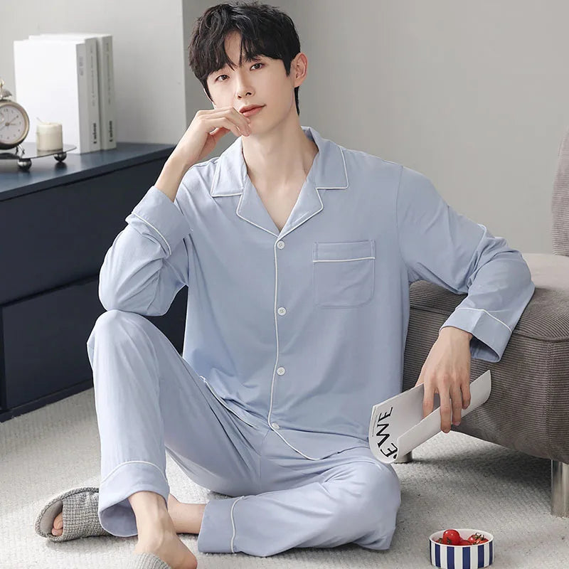 Autumn Pajamas Sets Men Long Sleeve Modal Cotton Thin Teenage Boys' Large Size Spring Outwear Home Cloth Suit Sleepwear Male