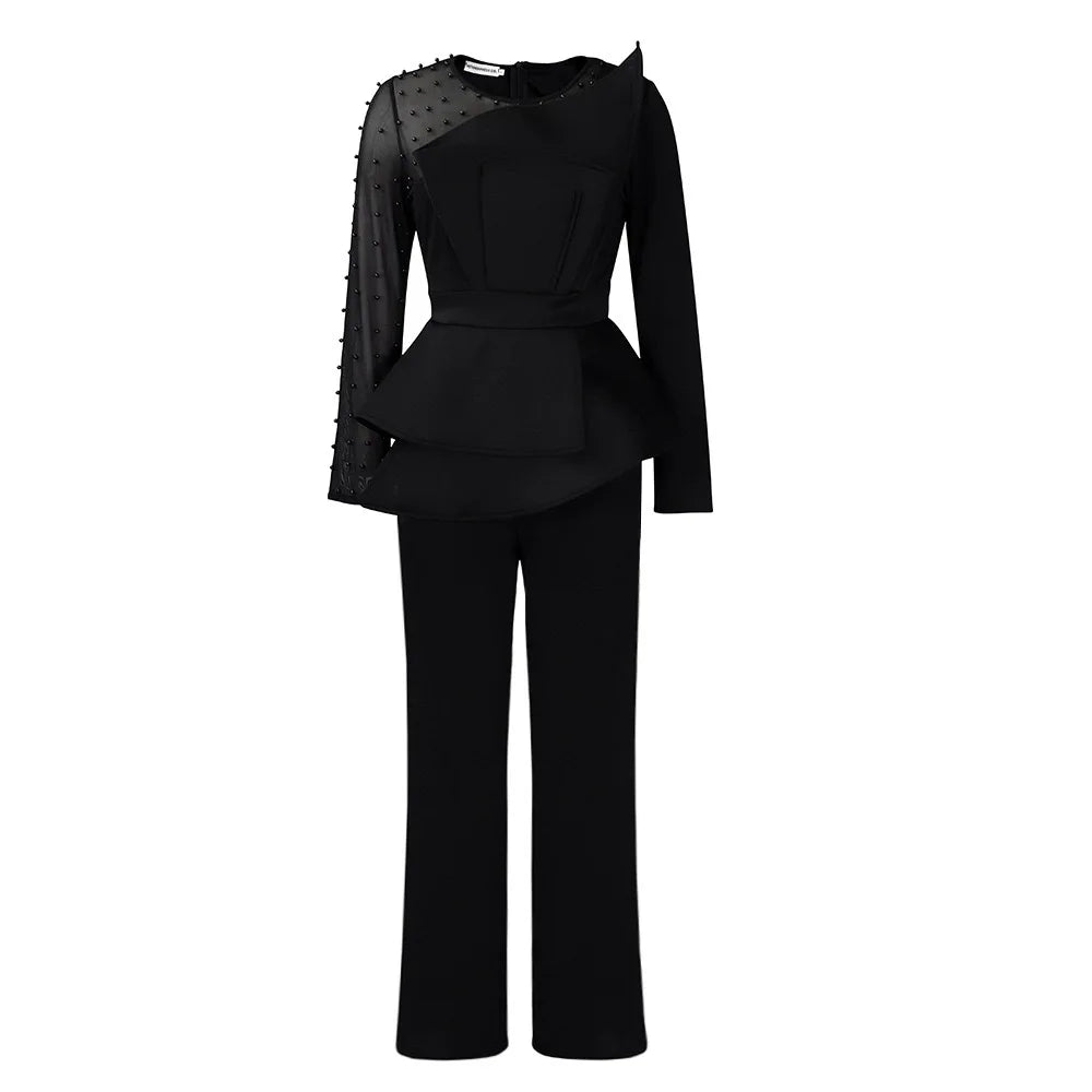 Luxury Jumpsuits & Rompers for Women Round Neck Beaded Transparent Sleeve High Waisted Elegant Female Birthday Party Overalls