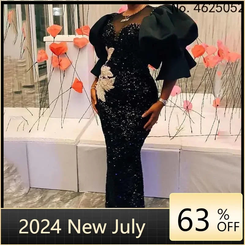 Customized Long Black Dresses Velvet Sequins Embroidered Chest Wrapped Puff Sleeve Dress Classy Ladies Spring Fall Party Celebri