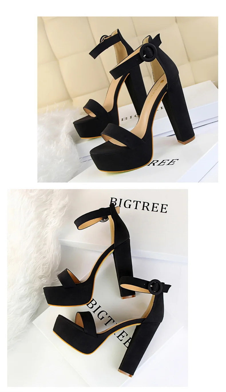 Fashion Women Pumps Sandals Summer Platform Belt Buckle Strap PU Square Heel Outdoor Korean Style Black Open Toe Grace 1550-1