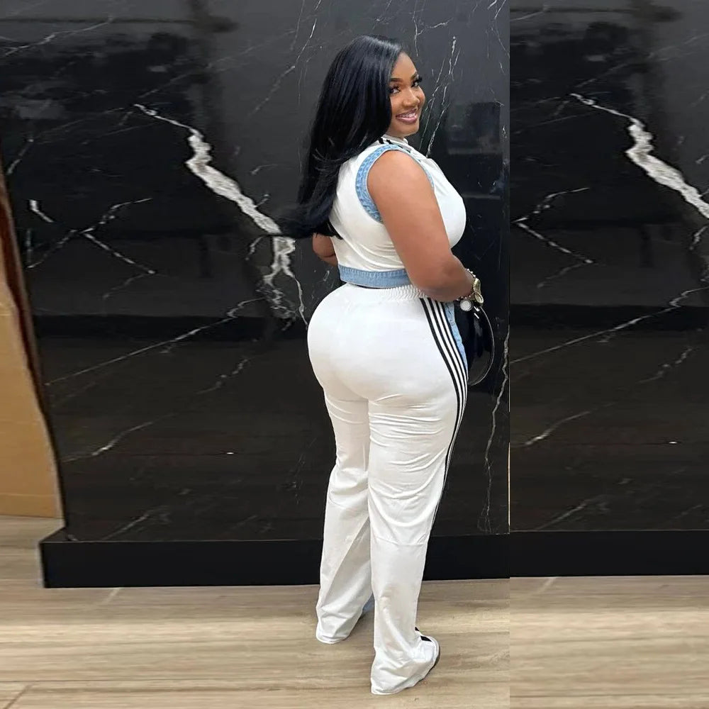 2 Pieces Women's Sets 2025 Spring Summer Denim Sleeveless Suit Tops And Wide Leg Pants Suits Two Piece Set Tracksuit Outfit