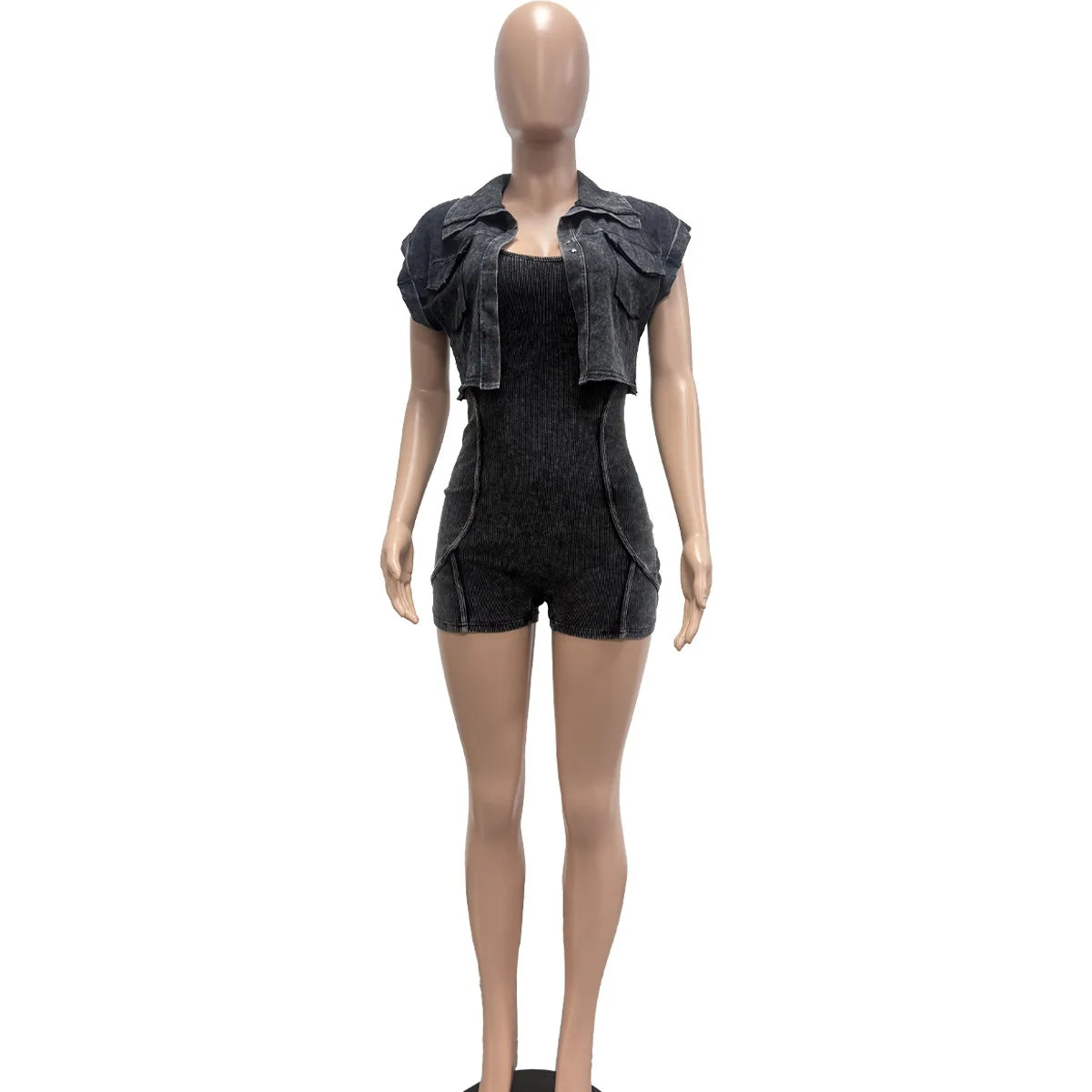 HLJ High Quality Women's Shorts Outfits Cotton Crop Jacket+Bodysuits 2 Piece Set Casual Vintage Two Piece Set Women's Spring New