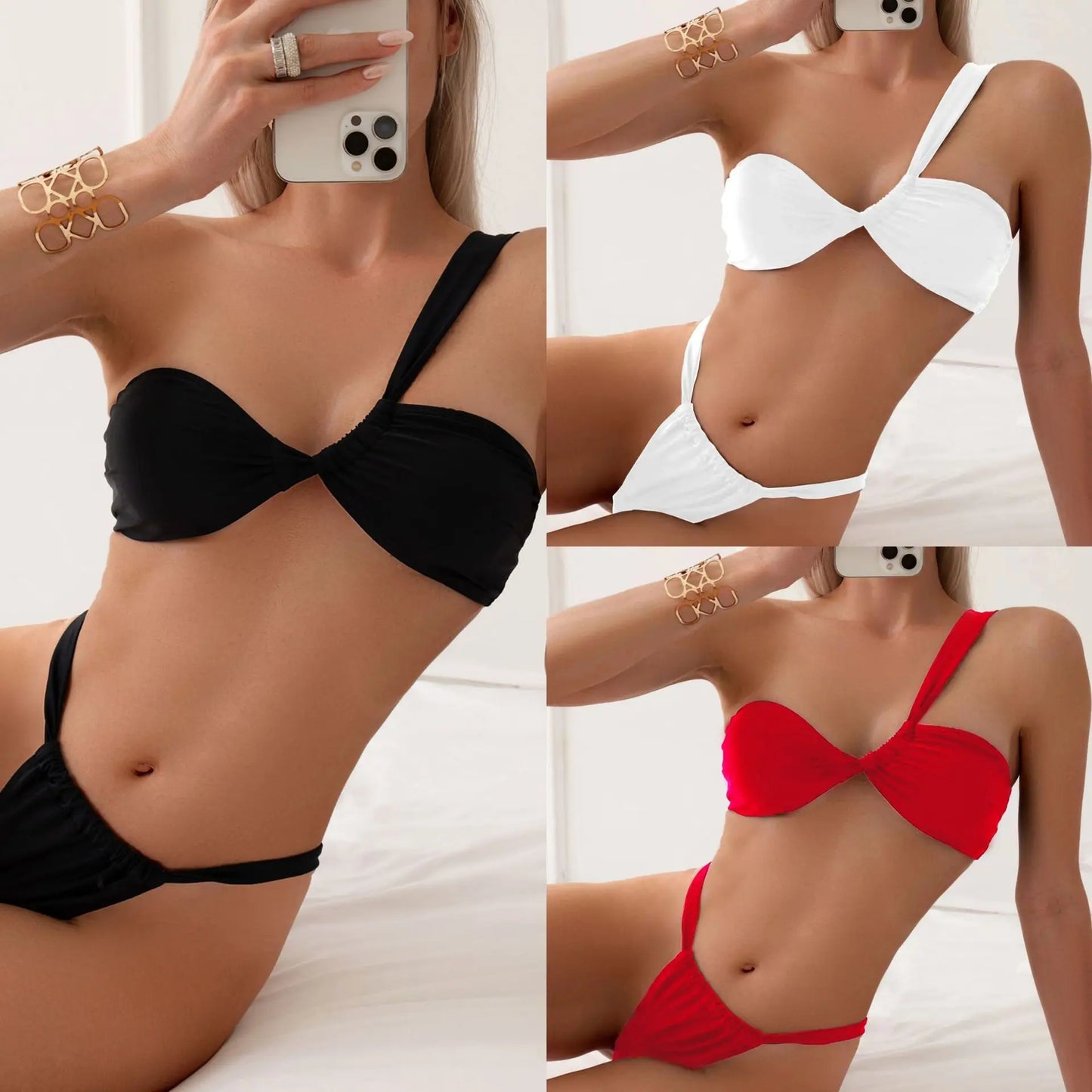 Bikini Set Women Sexy Sleeveless One Shoulder Swimsuit Two-Piece Swimwear 2025 Summer New Fashion Solid Color Bathing Beachwear