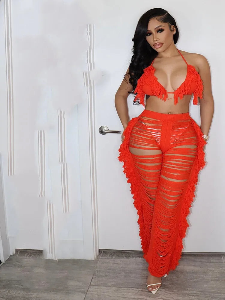 RT Sexy Women Crochet Set Two Pieces Set Halter Backless Top Pants Tassels Knitted 2 Pieces Set Hollow Out Crocheted Beach Set
