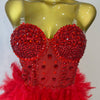Stock 2025 Women Sexy Sparkly Rhinestone Mesh Feather Long Dress Elegant Evening Party Celebrate Birthday Performance Costume