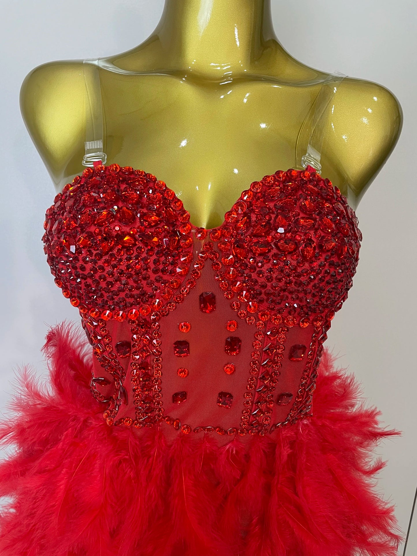 Stock 2025 Women Sexy Sparkly Rhinestone Mesh Feather Long Dress Elegant Evening Party Celebrate Birthday Performance Costume