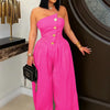 Beyprern New Chic Button Details Palazzo Jumpsuit One Piece Outfits Womens Ruched Strapless Wide Legs Jumpsuits Romper Clubwear