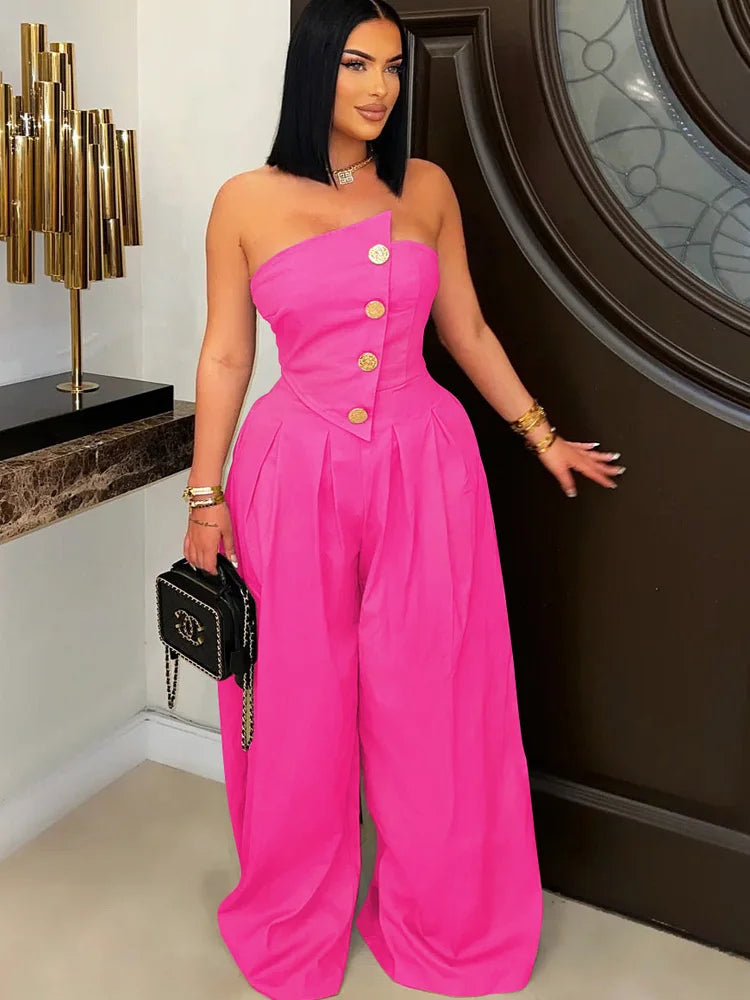 Beyprern New Chic Button Details Palazzo Jumpsuit One Piece Outfits Womens Ruched Strapless Wide Legs Jumpsuits Romper Clubwear