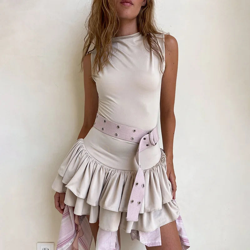 Women's Solid Pleated Short Dress Sleeveless O-neck Fashion Elegant Simple Mini Bodycon Dresses Slim Street Casual Party Holiday