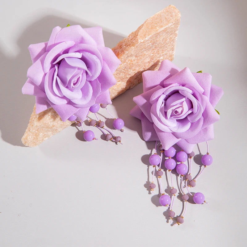 Tocona Bohemia for Women Long Tassel Earrings Multicolor Rose Flower Pendant  Earrings Exquisite Party Jewelry Accessories