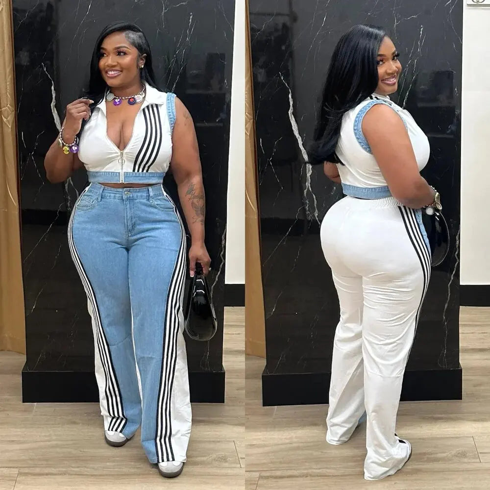 2 Pieces Women's Sets 2025 Spring Summer Denim Sleeveless Suit Tops And Wide Leg Pants Suits Two Piece Set Tracksuit Outfit