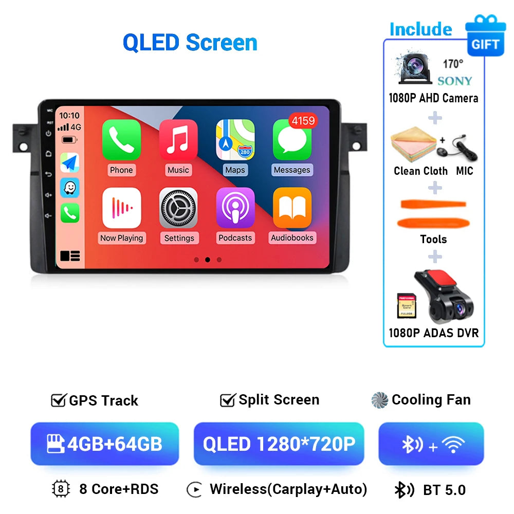 Android 14 Wireless CarPlay Auto for BMW E46 M3 318/320/325/330/335 4G+WIFI Car Radio Multimedia GPS Video Player 360 Camera DSP