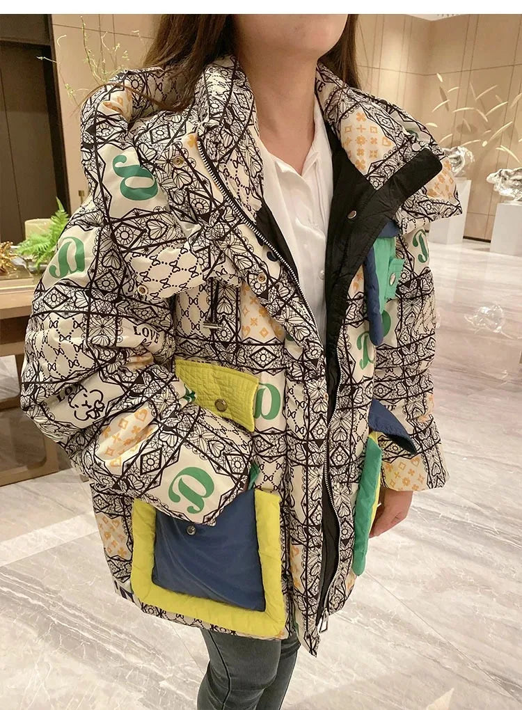 2023 European Station Winter New Down Jacket Women's Warm Fashion Short Color Patchwork Graffiti thick White Duck Down Coa