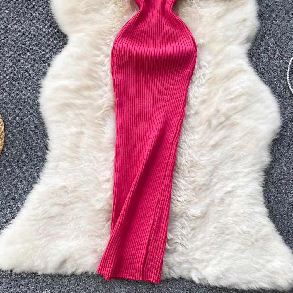 Summer V Neck Knit Sexy Strap Dress Women Elatic Waist Bodycon Sundress Female Beach Backless Maxi Long Dress