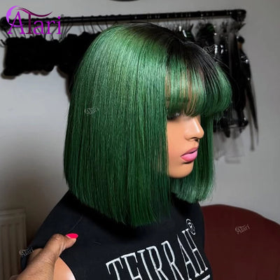 180 Density Forest Green with Roots Short Straight Bob Wig Transparent 13x4 Lace Frontal Bob Human Hair Wig with Bangs Pre Pluck