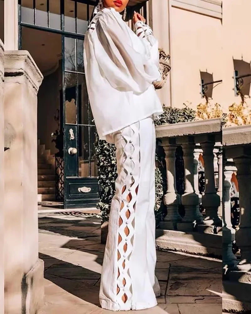 Wmstar 2 Piece Set Women Plus Size Hollow Out Sexy Young Daily Soft Full Sleeve Fashion Pants Wide Leg Wholesale Dropshipping