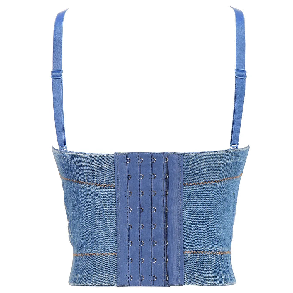 Irene Tinnie Sexy Cute Hole Cartoon Decoration Push Up Bustier Women's Denim Bralette Cropped Top Vest Plus Size